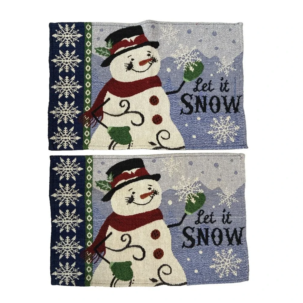 Vintage Snowman Tapestry Woven Placemats Winter Holiday Christmas Retro Set of 2